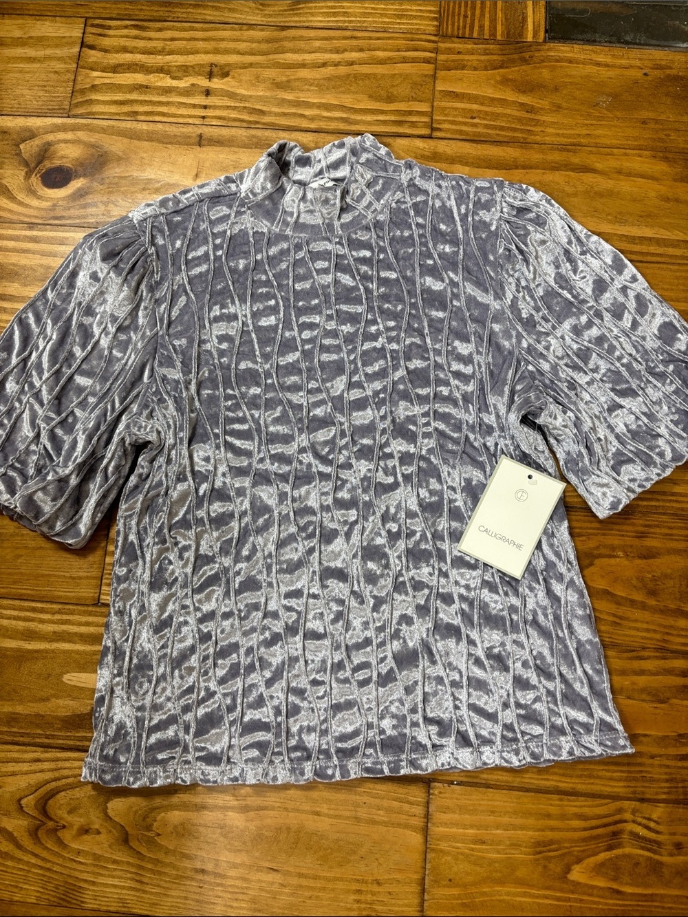 NWT Calligraphie Mock Neck Bell Sleeve Velour Silver Top Size Large